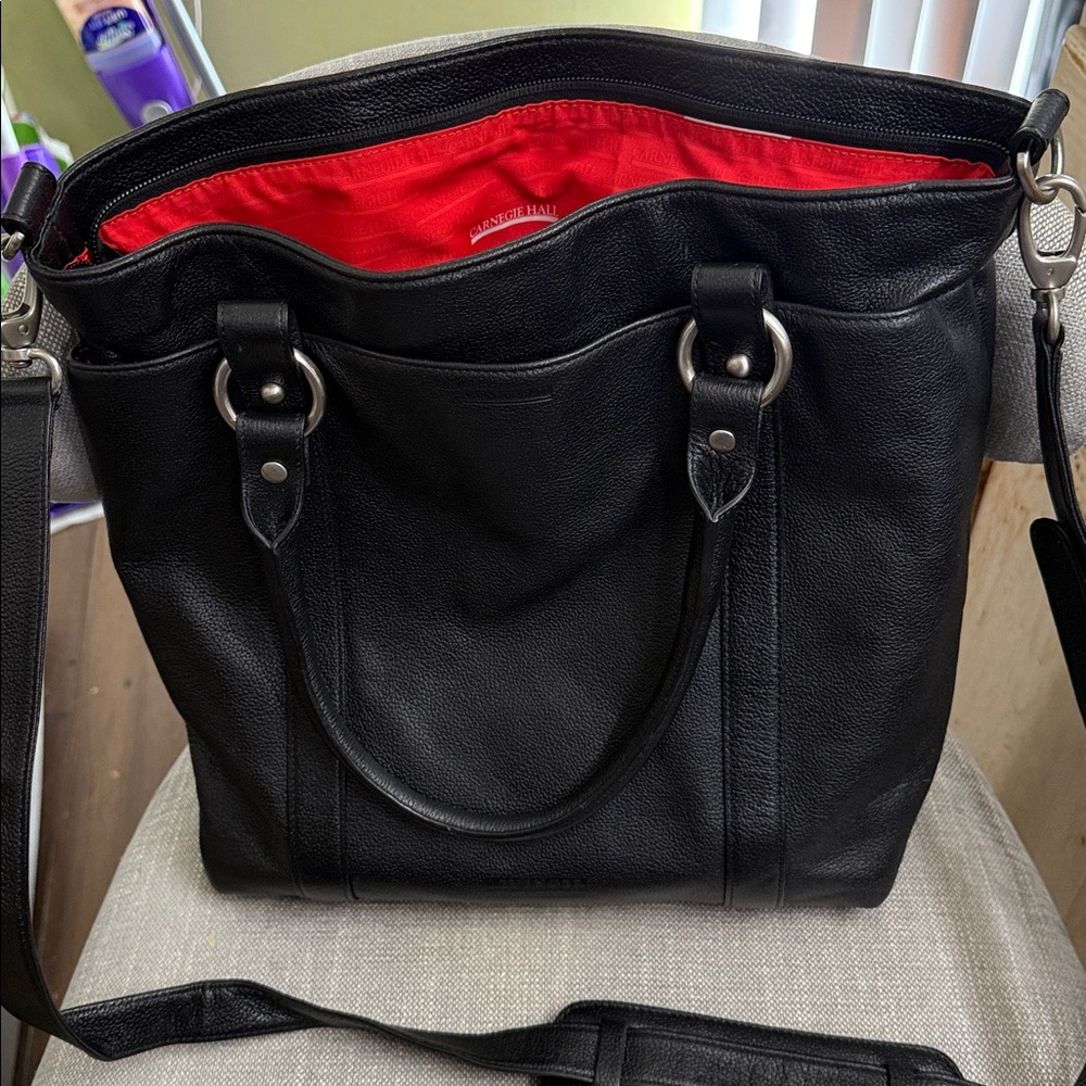 Carnegie Hall Black Leather Tote Bag with Red Logo-fits a computer or laptop. - Picture 6 of 10